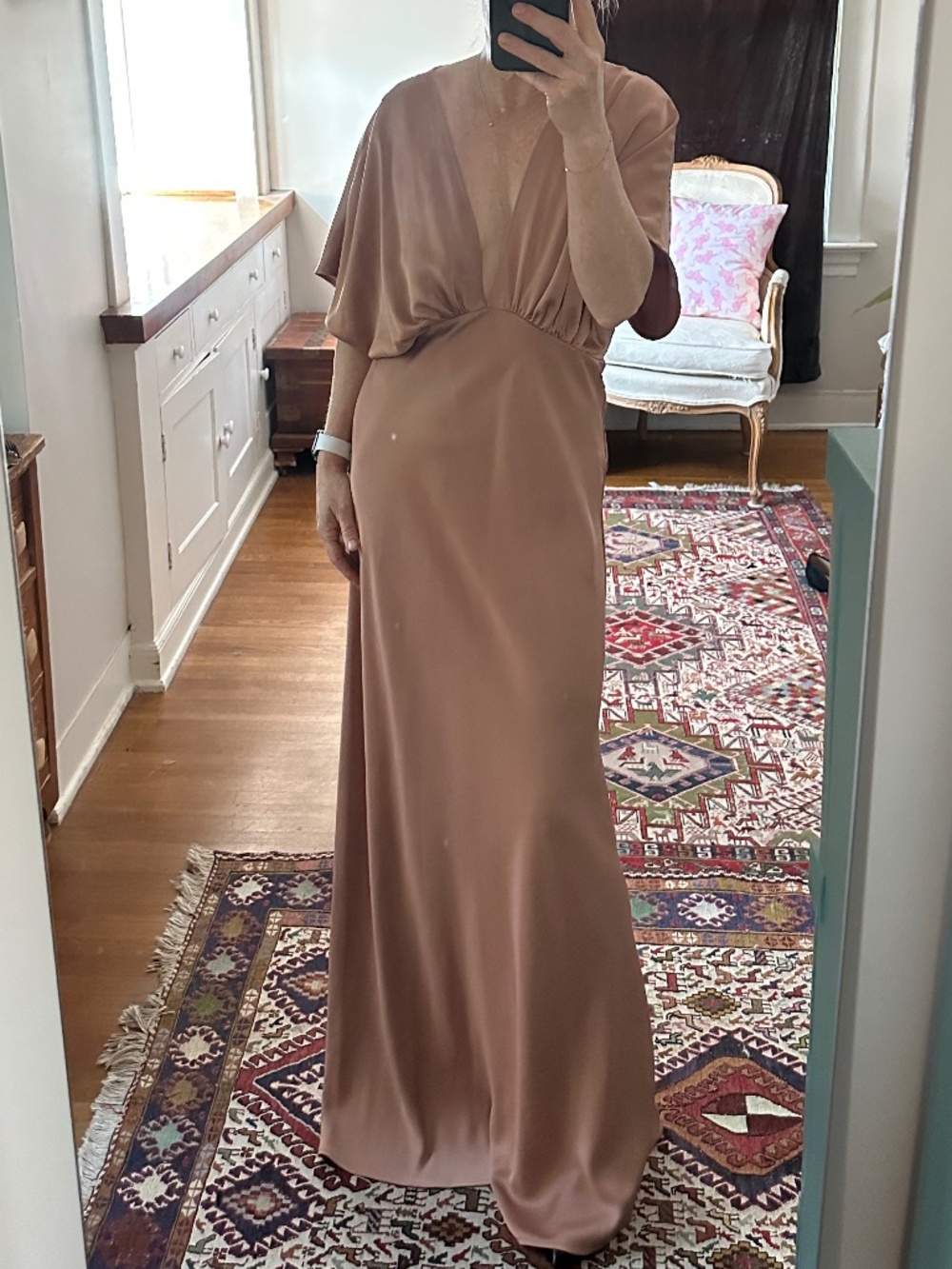 BHLDN Leila Deep-V Flutter Sleeve Satin A-Line Gown | Sand Dune | Size 10